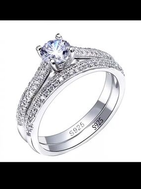 Sterling Silver S925 White Cubic Zirconia Engagement Ring Set